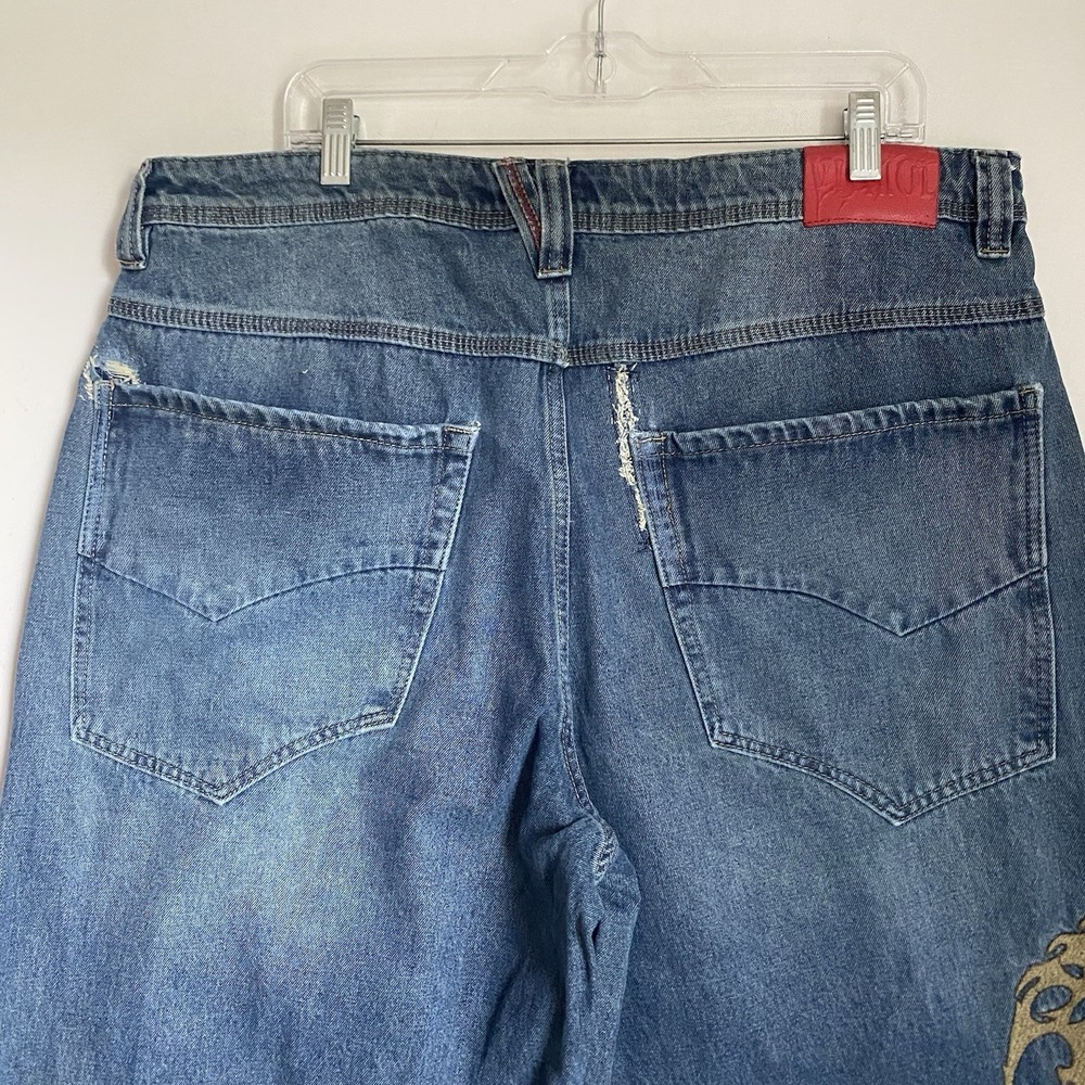 Y2K Vitriol Baggy  Jeans Men 36 Blue Embroidered Ultra-Wide Hip Hop Distressed - Picture 7 of 11